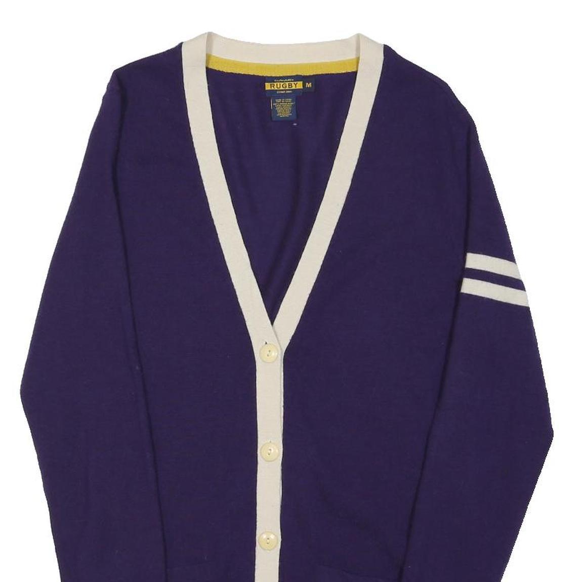 RALPH LAUREN Womens Purple & Cream Classic Rugby Pattern Jumper V-Neck Tight