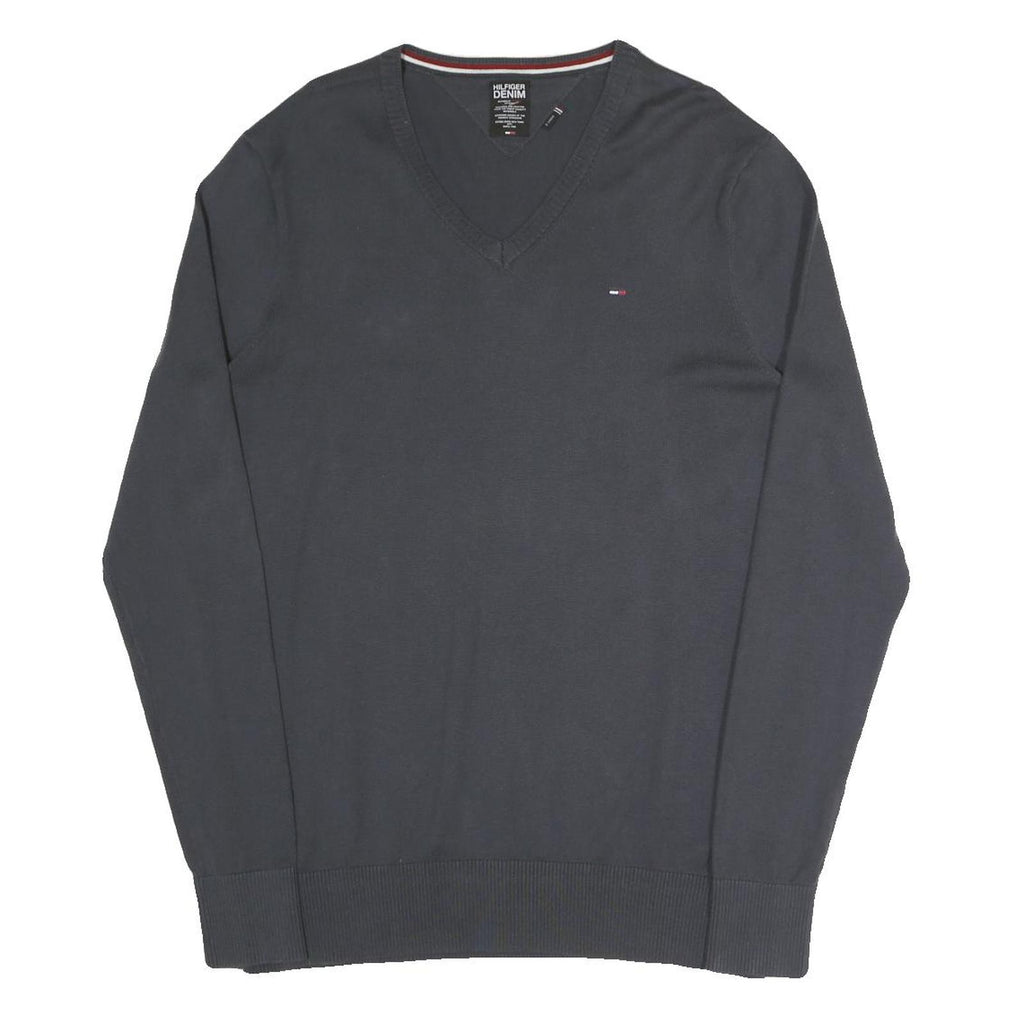 HILFIGER DENIM Mens Black V-Neck Plain Cotton Blend Jumper XL Classic Knitwear