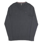 HILFIGER DENIM Mens Black V-Neck Plain Cotton Blend Jumper XL Classic Knitwear