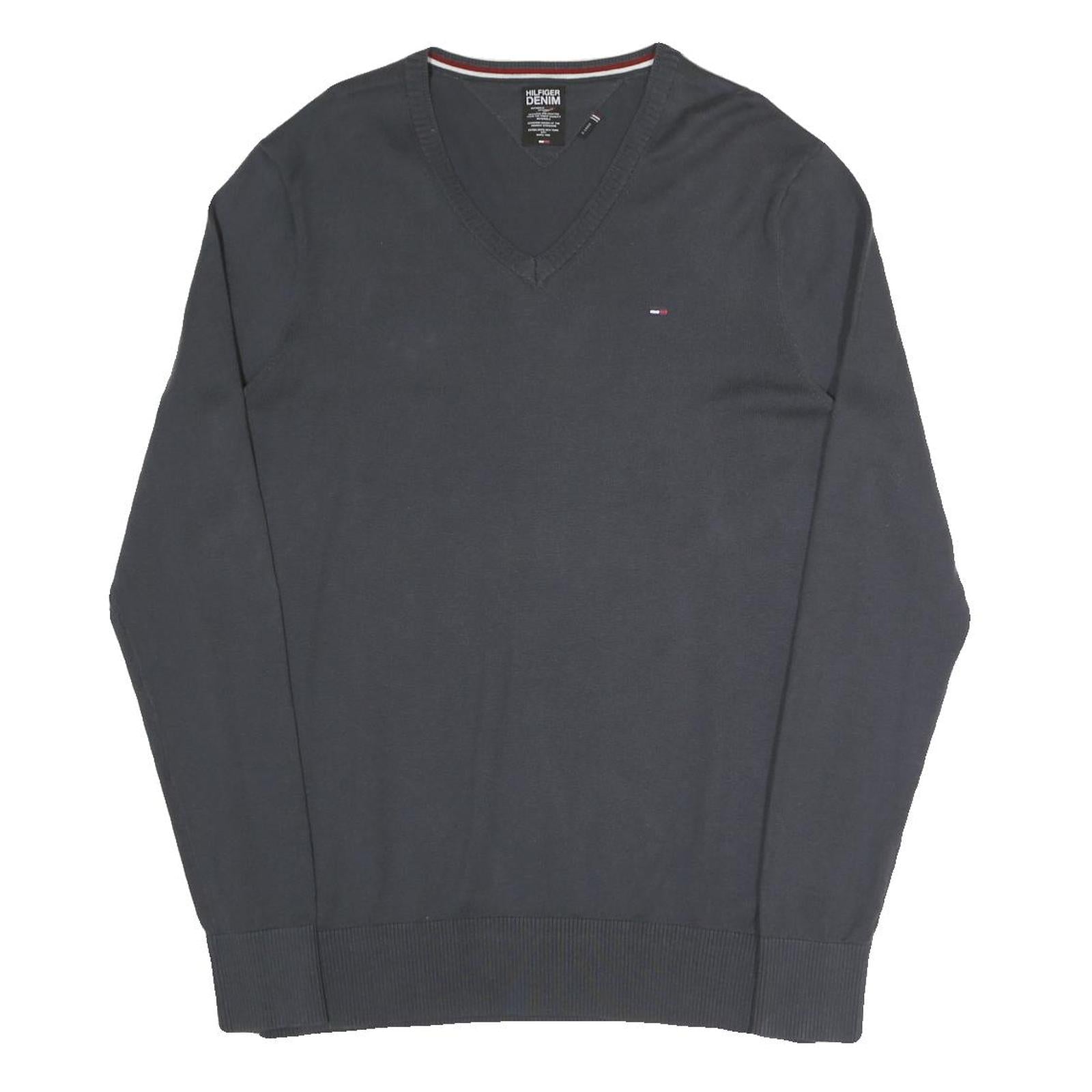 HILFIGER DENIM Mens Black V-Neck Plain Cotton Blend Jumper XL Classic Knitwear