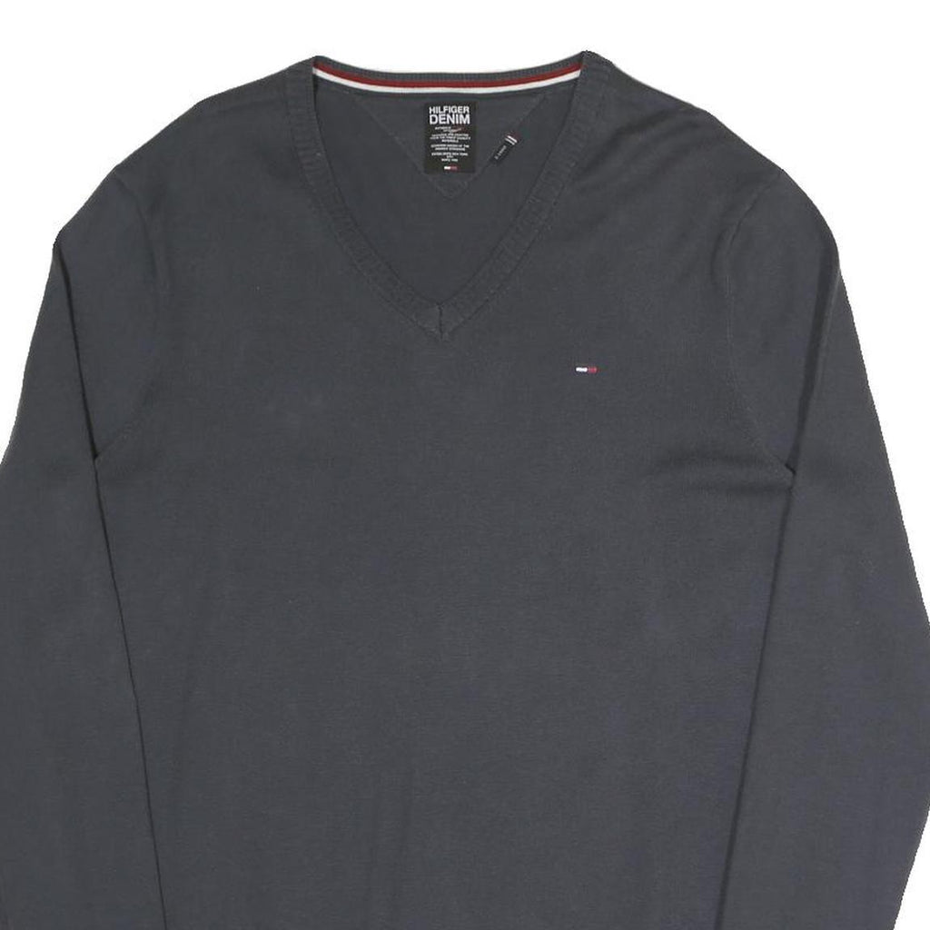 HILFIGER DENIM Mens Black V-Neck Plain Cotton Blend Jumper XL Classic Knitwear
