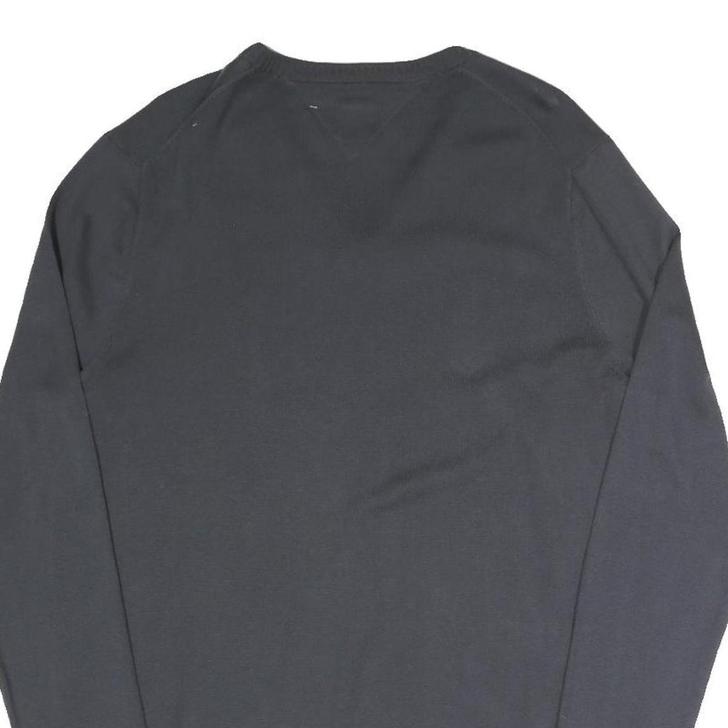 HILFIGER DENIM Mens Black V-Neck Plain Cotton Blend Jumper XL Classic Knitwear