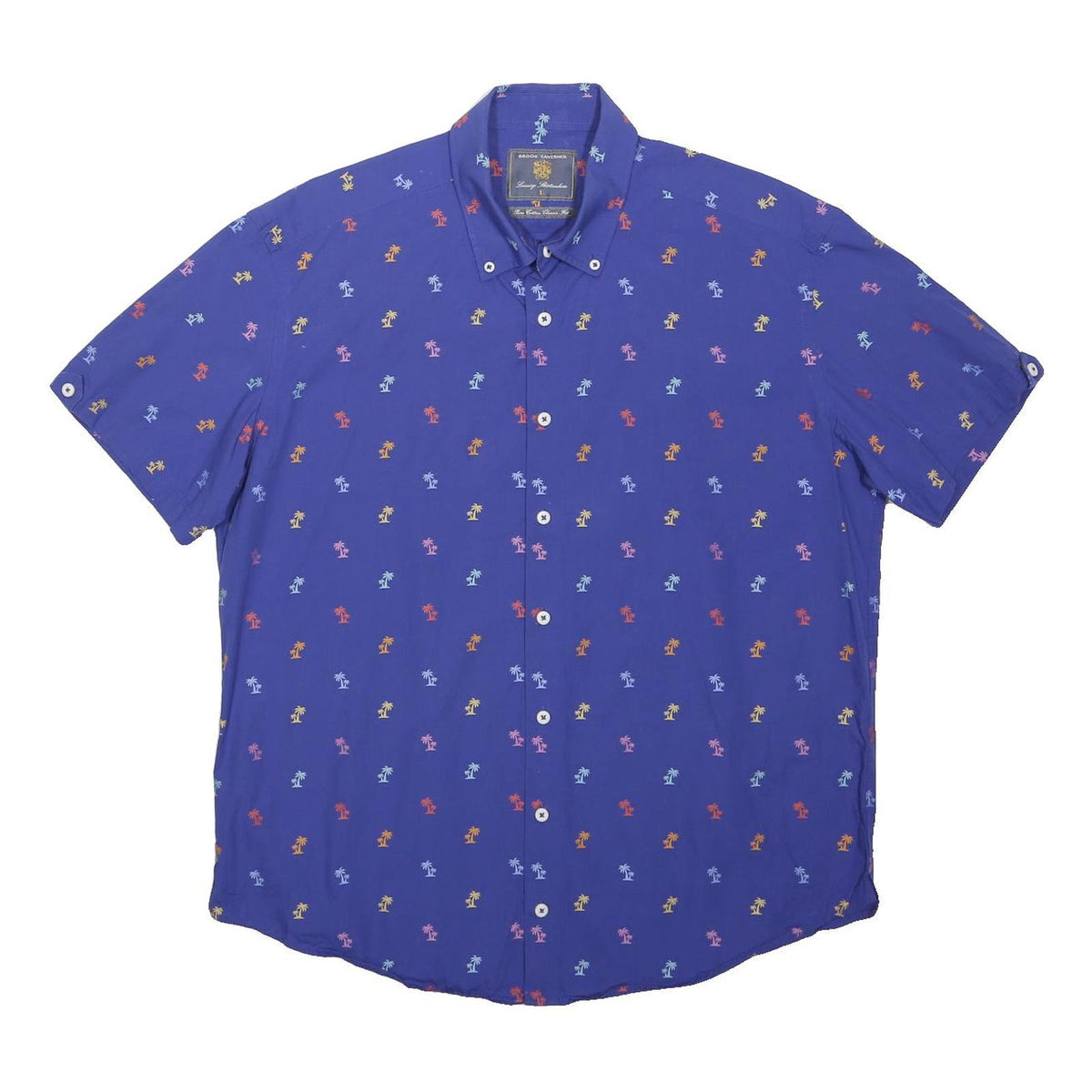 BROOK TAVERNER Mens Blue Palm Tree Print Short Sleeve Shirt L Casual Summer Wear