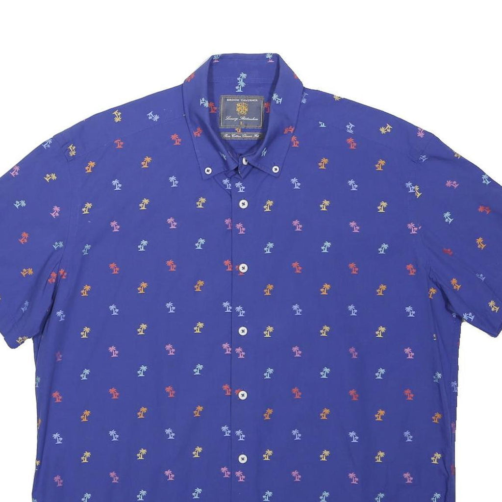 BROOK TAVERNER Mens Blue Palm Tree Print Short Sleeve Shirt L Casual Summer Wear