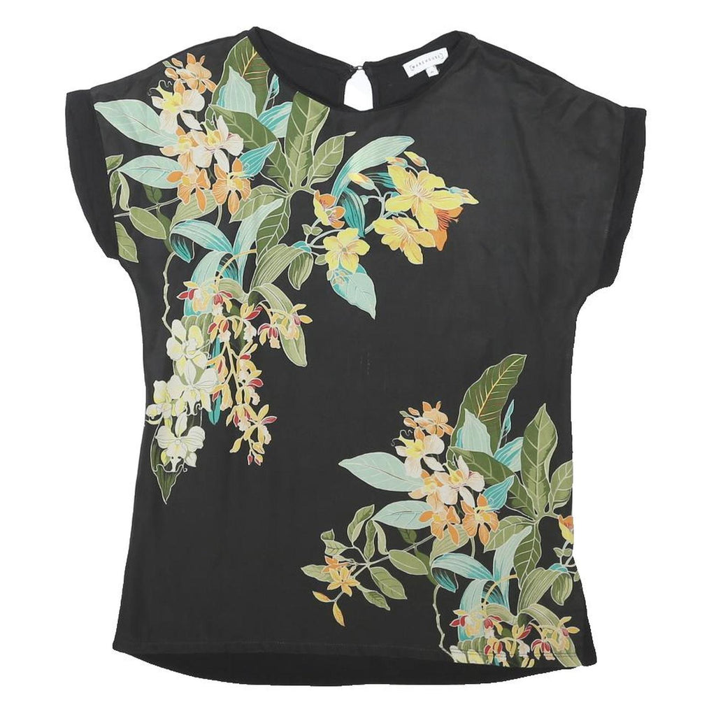 WAREHOUSE Womens Black Floral Print Basic Short Sleeve Round Neck Top UK 10