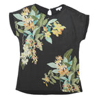 WAREHOUSE Womens Black Floral Print Basic Short Sleeve Round Neck Top UK 10