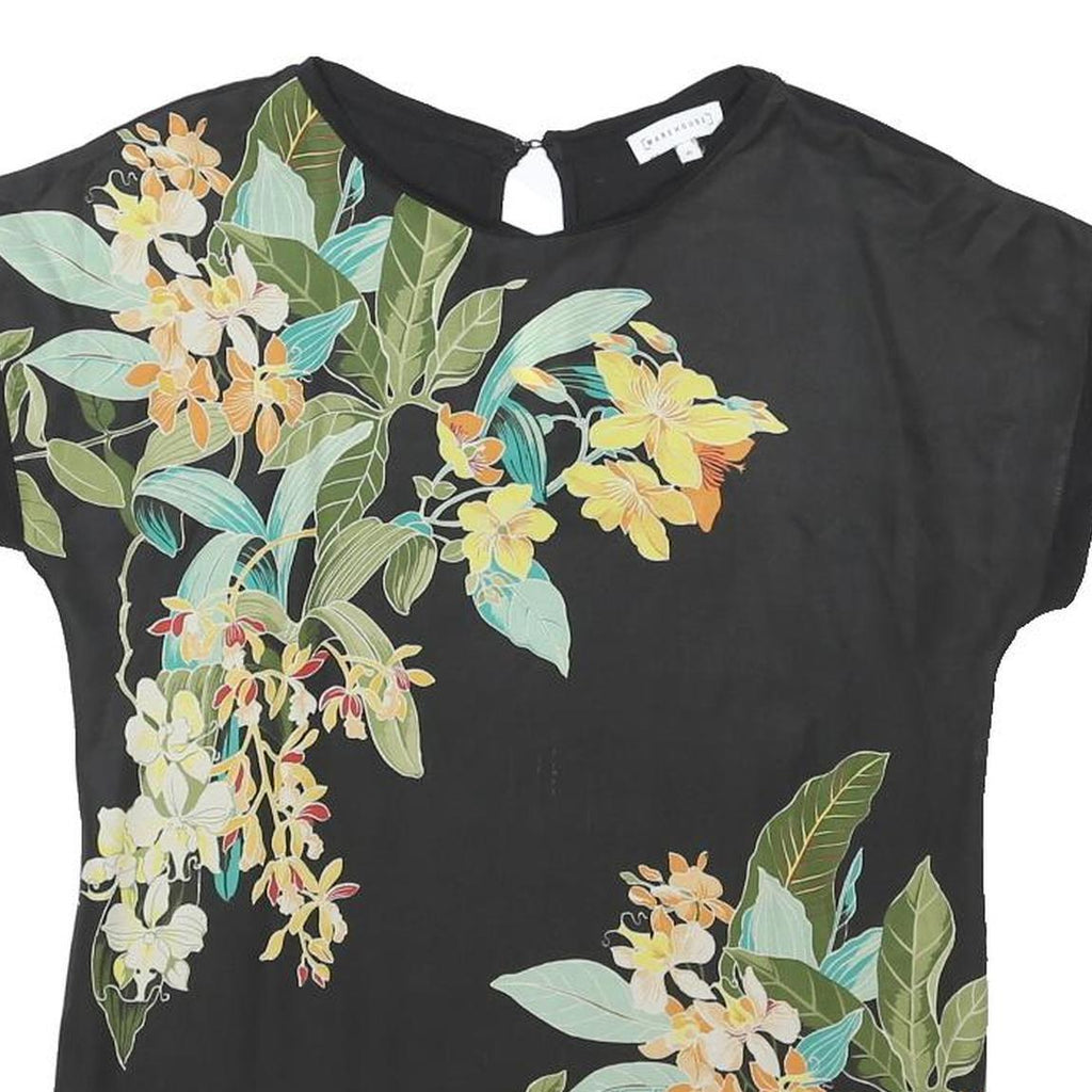 WAREHOUSE Womens Black Floral Print Basic Short Sleeve Round Neck Top UK 10