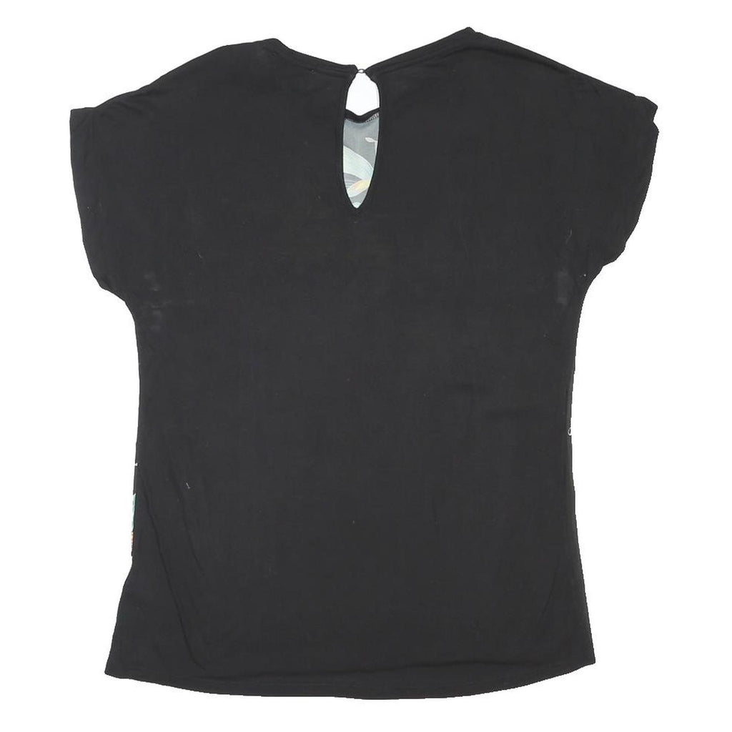 WAREHOUSE Womens Black Floral Print Basic Short Sleeve Round Neck Top UK 10