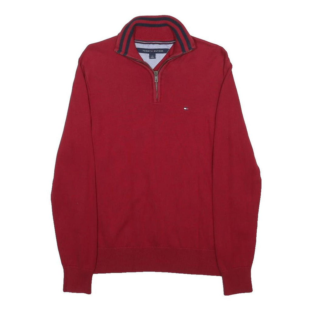 TOMMY HILFIGER Boys Red Pullover Plain Half Zip Jumper Cotton L Casual Knit