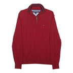 TOMMY HILFIGER Boys Red Pullover Plain Half Zip Jumper Cotton L Casual Knit