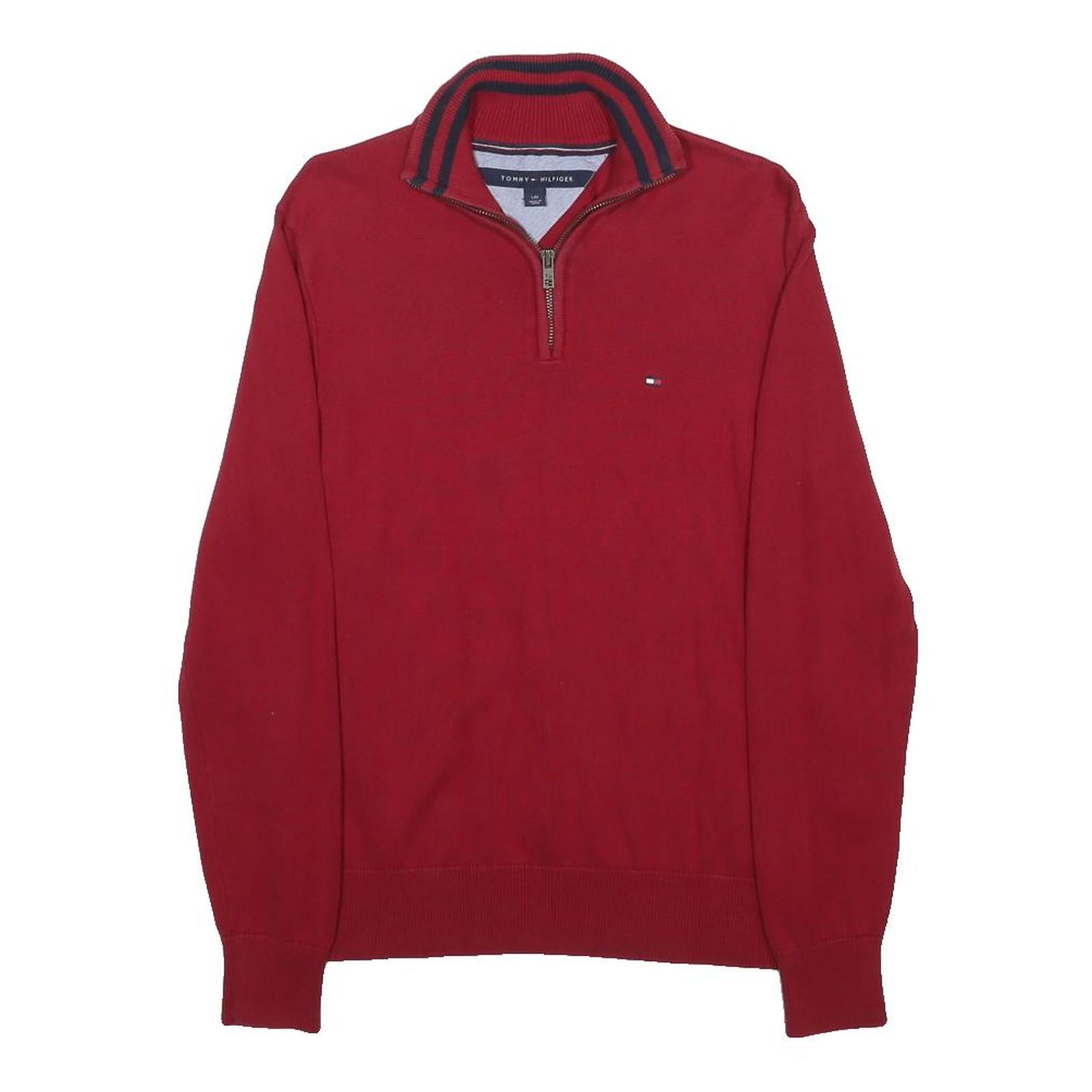 TOMMY HILFIGER Boys Red Pullover Plain Half Zip Jumper Cotton L Casual Knit