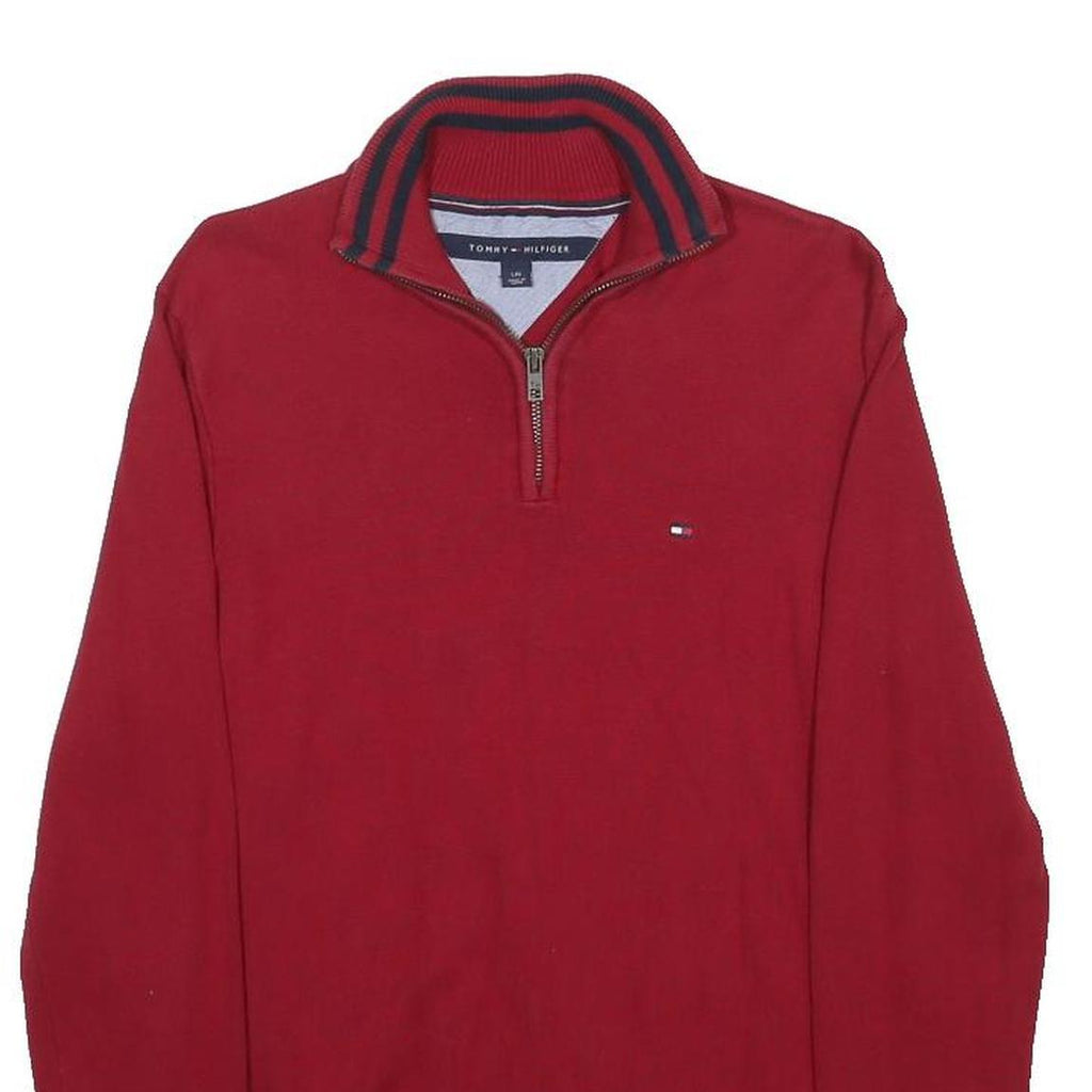 TOMMY HILFIGER Boys Red Pullover Plain Half Zip Jumper Cotton L Casual Knit