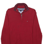 TOMMY HILFIGER Boys Red Pullover Plain Half Zip Jumper Cotton L Casual Knit