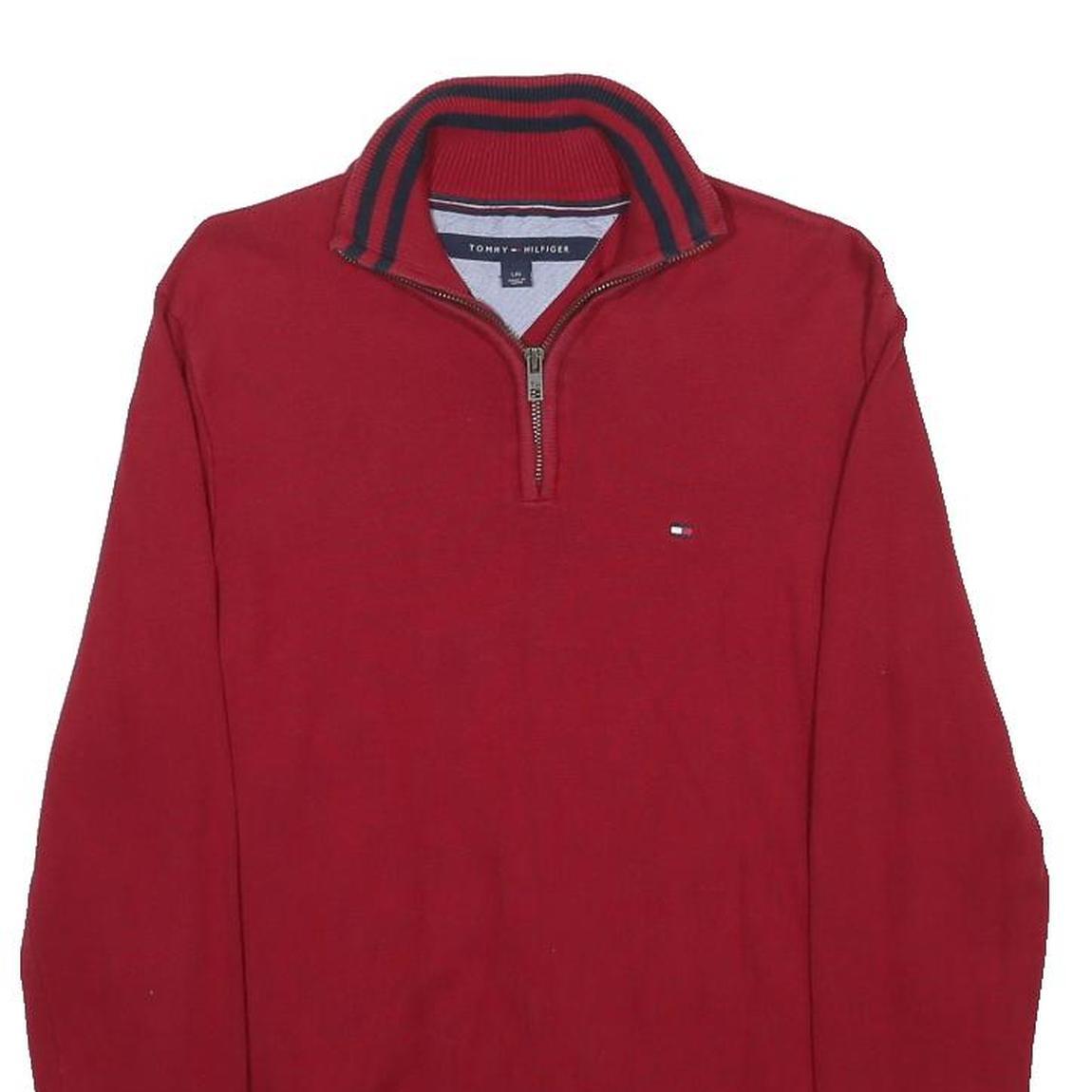 TOMMY HILFIGER Boys Red Pullover Plain Half Zip Jumper Cotton L Casual Knit