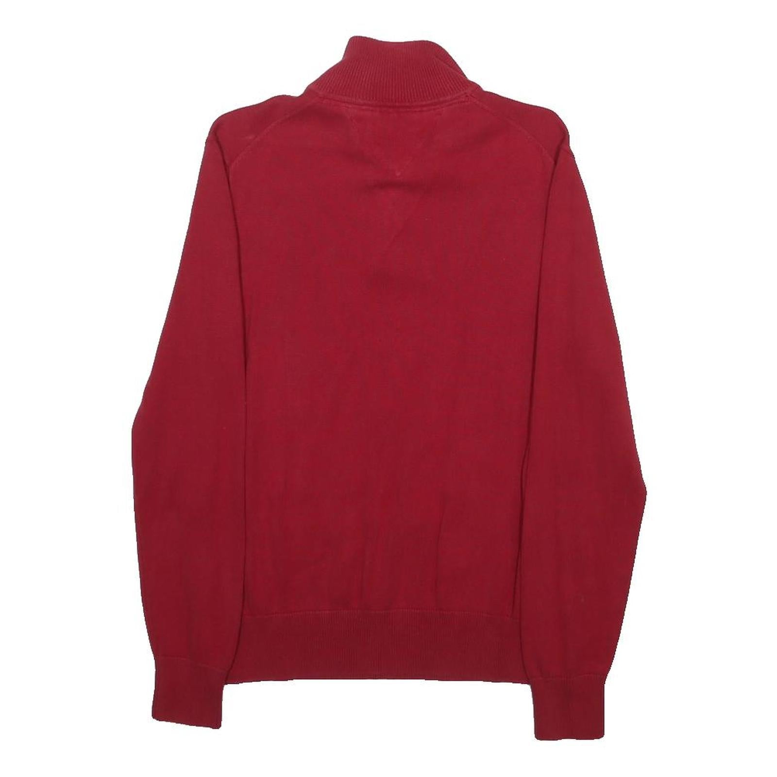 TOMMY HILFIGER Boys Red Pullover Plain Half Zip Jumper Cotton L Casual Knit