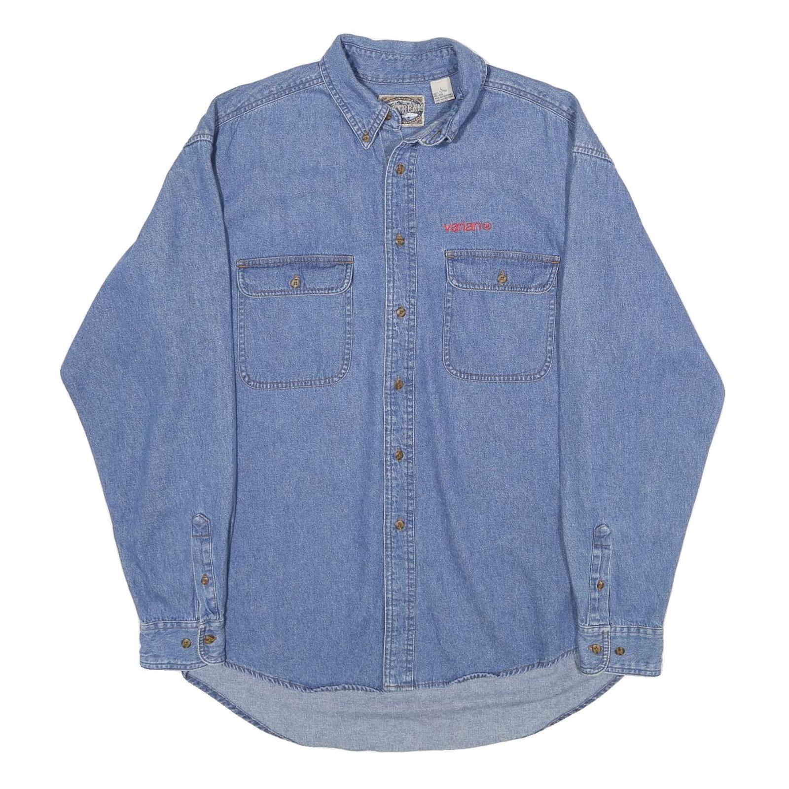 DUNBROOKE Mens Blue Denim Shirt L Cotton Button Collar Casual Workwear