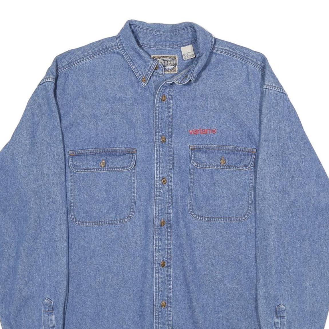 DUNBROOKE Mens Blue Denim Shirt L Cotton Button Collar Casual Workwear