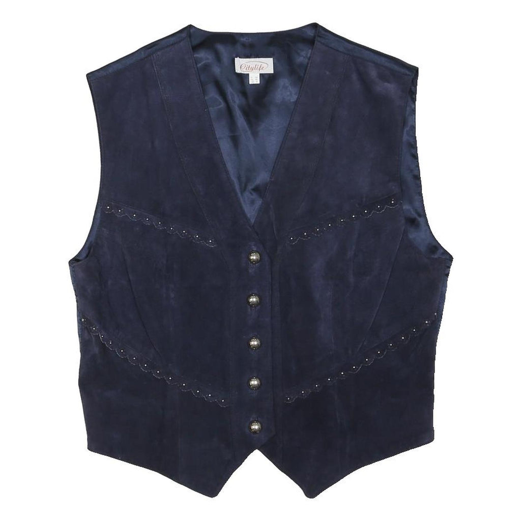 CITY LIFE Womens Navy Leather Button Jacket L Vest Stylish Western Pattern