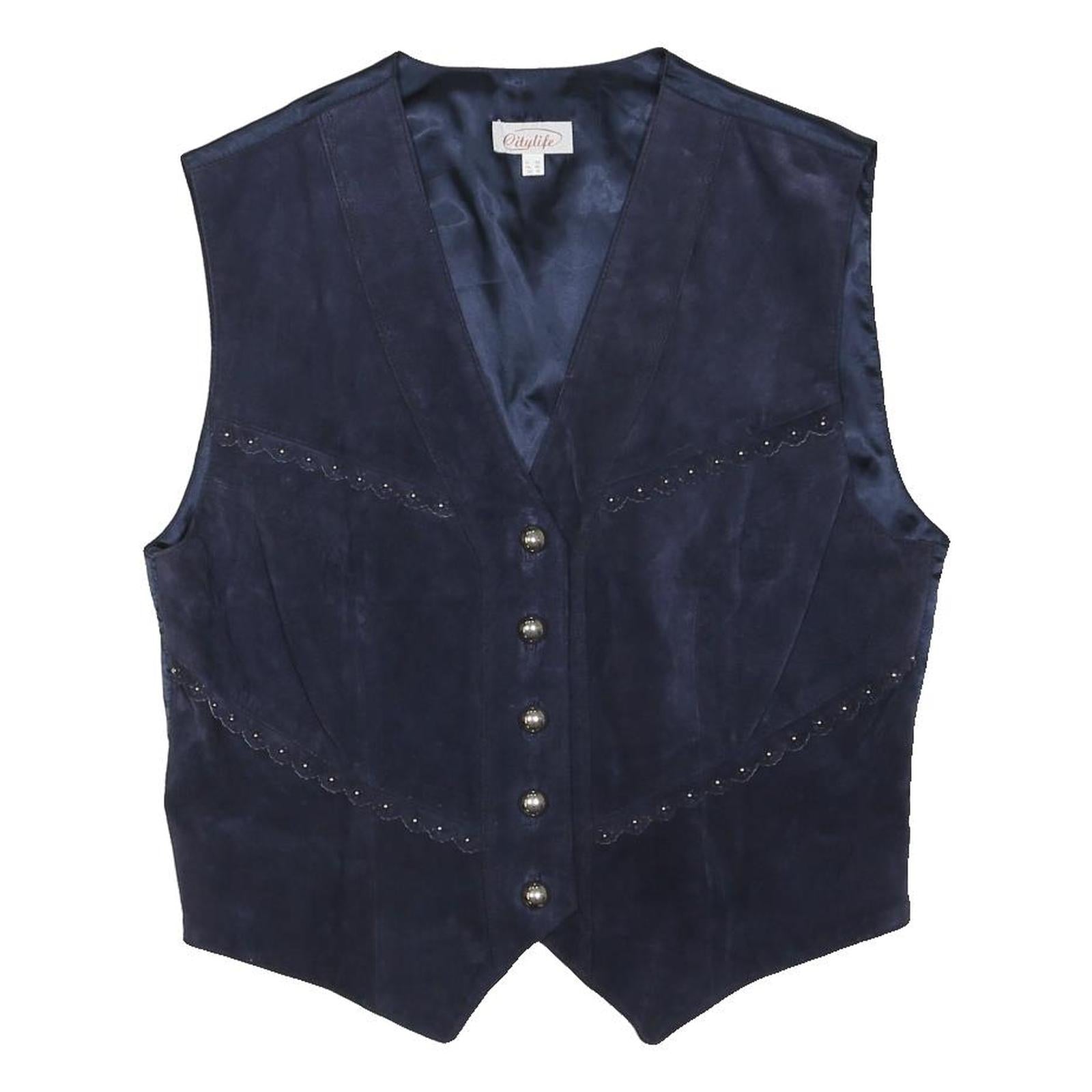 CITY LIFE Womens Navy Leather Button Jacket L Vest Stylish Western Pattern