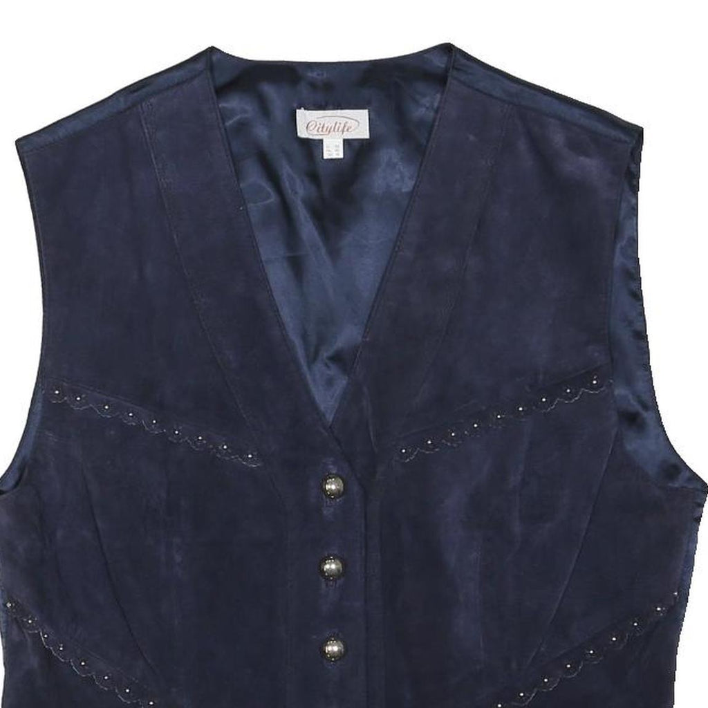 CITY LIFE Womens Navy Leather Button Jacket L Vest Stylish Western Pattern