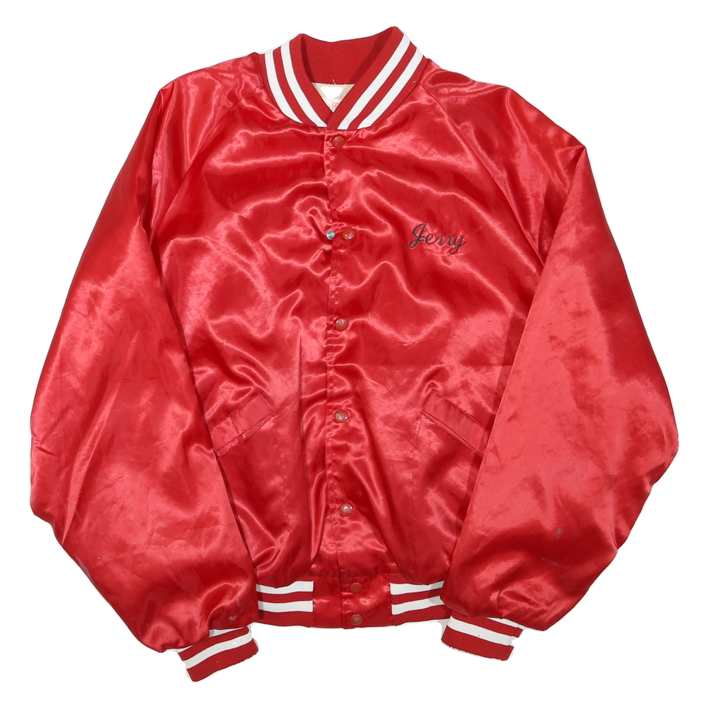 Mens Red Satin Plain Button Bomber Jacket L Polyester Blend Varsity Style