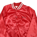 Mens Red Satin Plain Button Bomber Jacket L Polyester Blend Varsity Style
