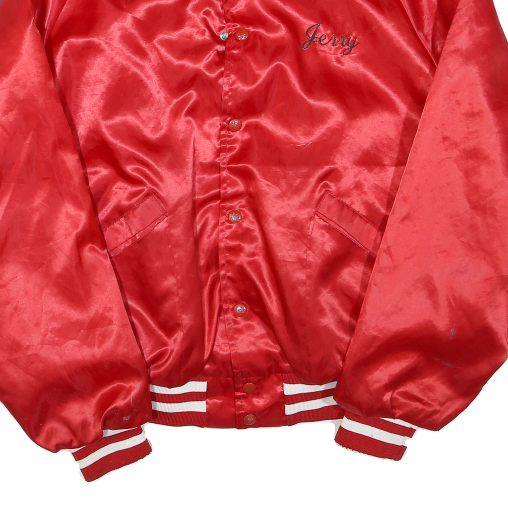 Mens Red Satin Plain Button Bomber Jacket L Polyester Blend Varsity Style