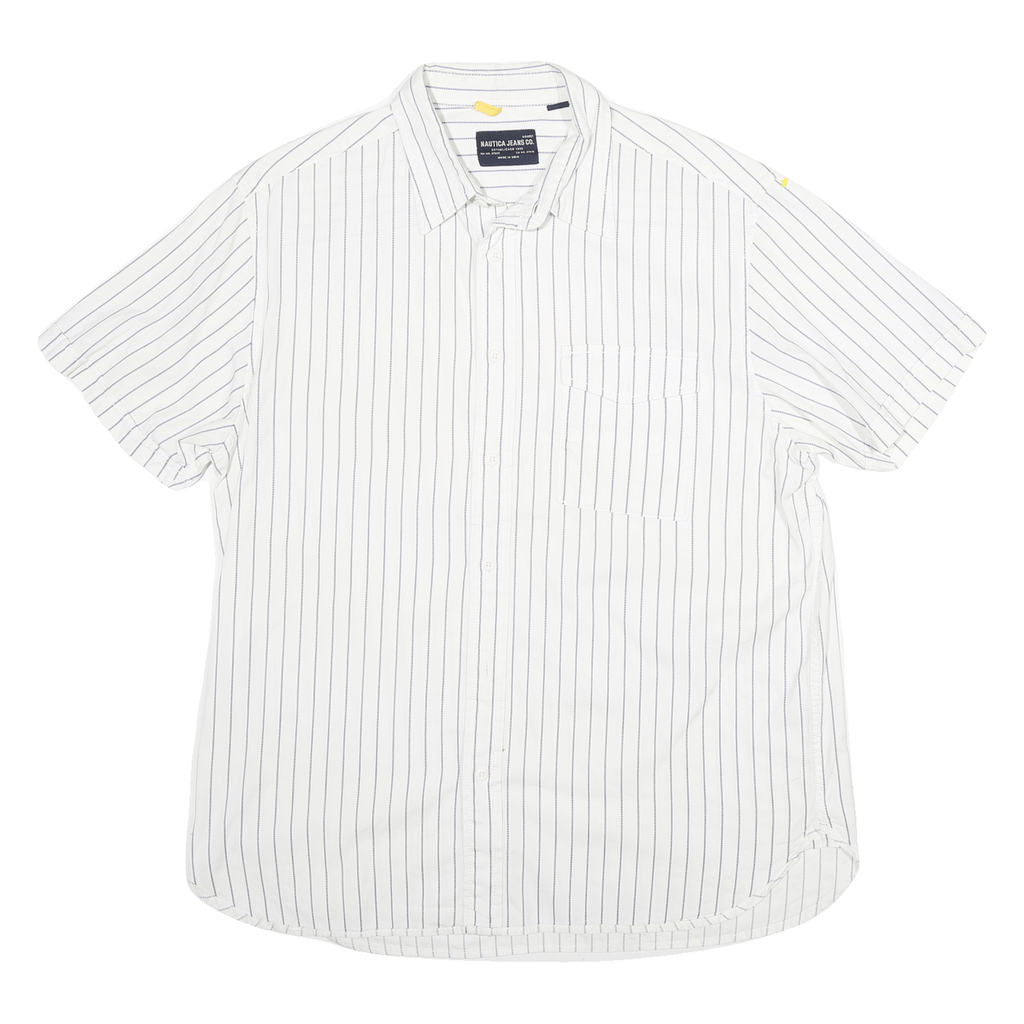 NAUTICA Mens White & Blue Striped Casual Shirt L Cotton Blend Short Sleeve