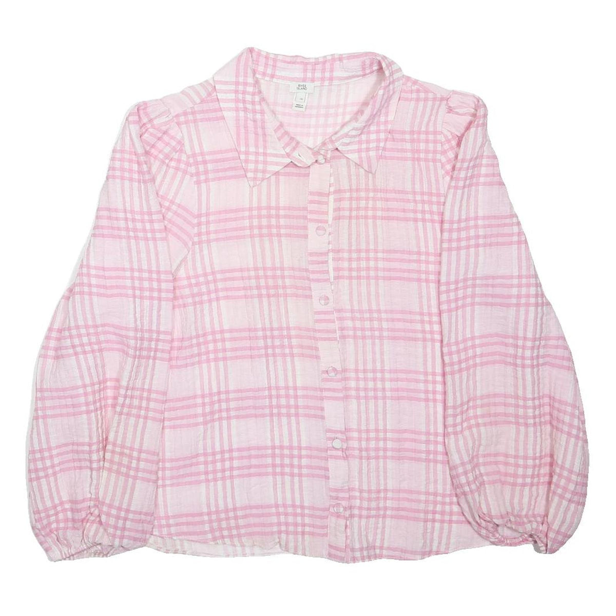 RIVER ISLAND Womens Pink Check Blouse Long Sleeve Button Neck M Casual Top