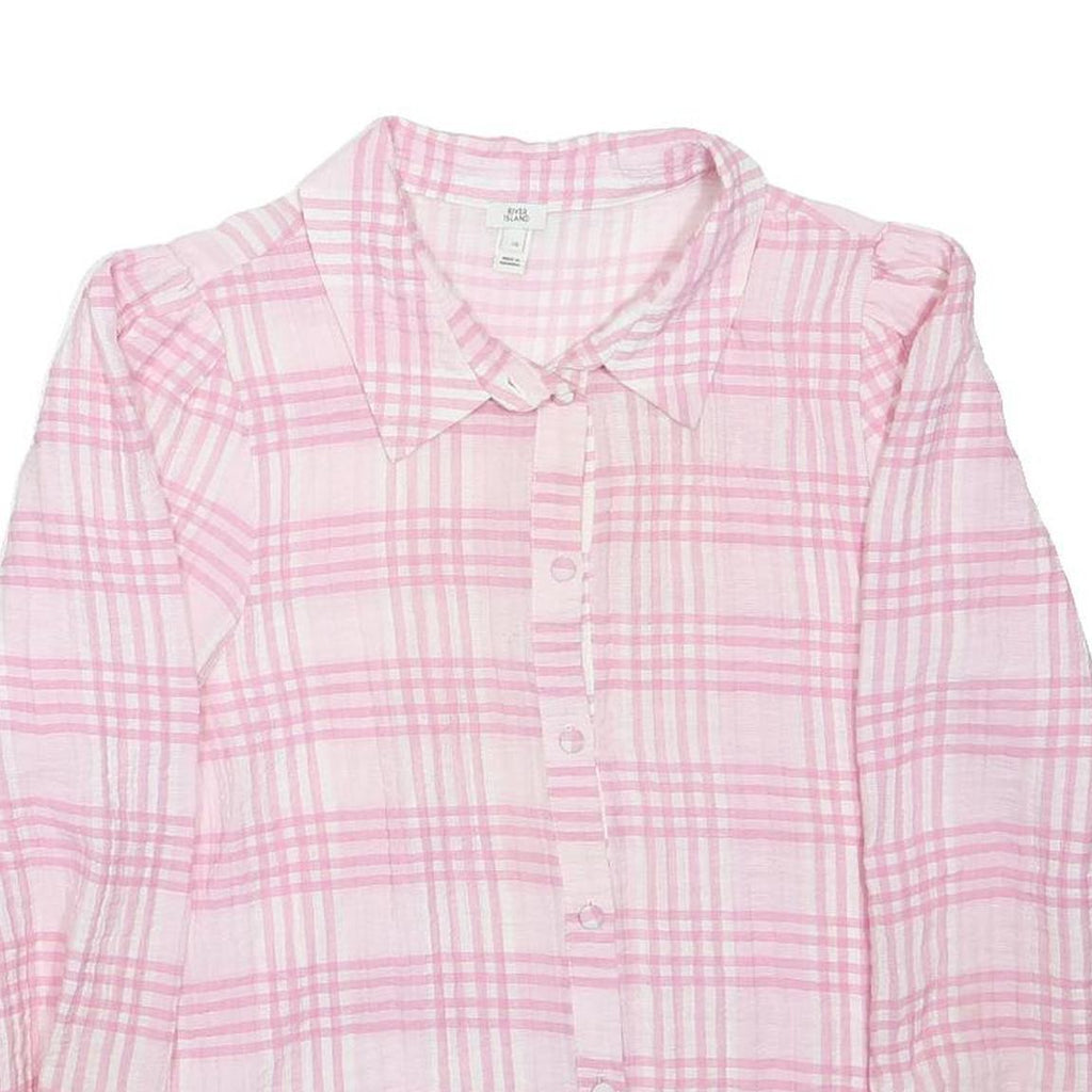 RIVER ISLAND Womens Pink Check Blouse Long Sleeve Button Neck M Casual Top