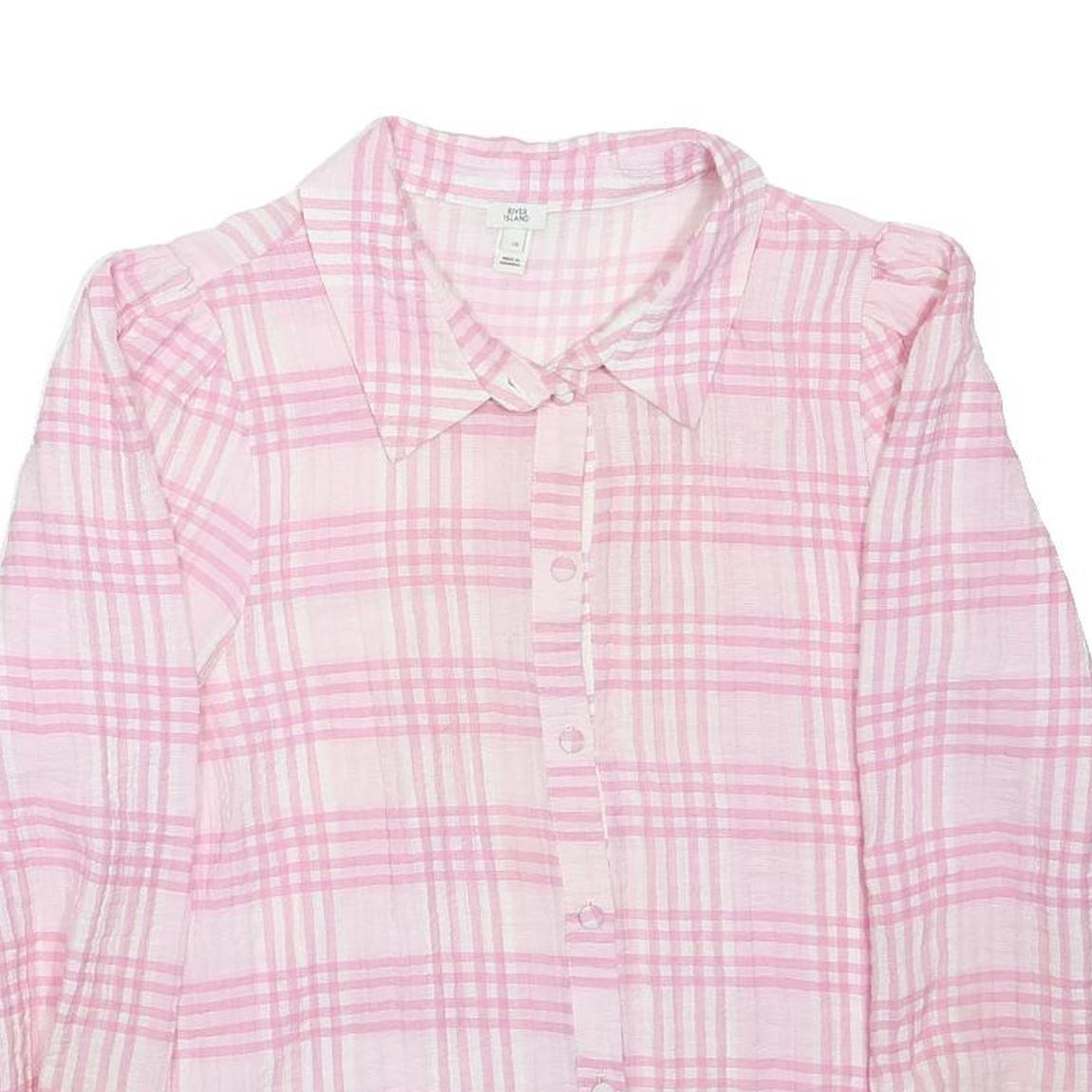 RIVER ISLAND Womens Pink Check Blouse Long Sleeve Button Neck M Casual Top