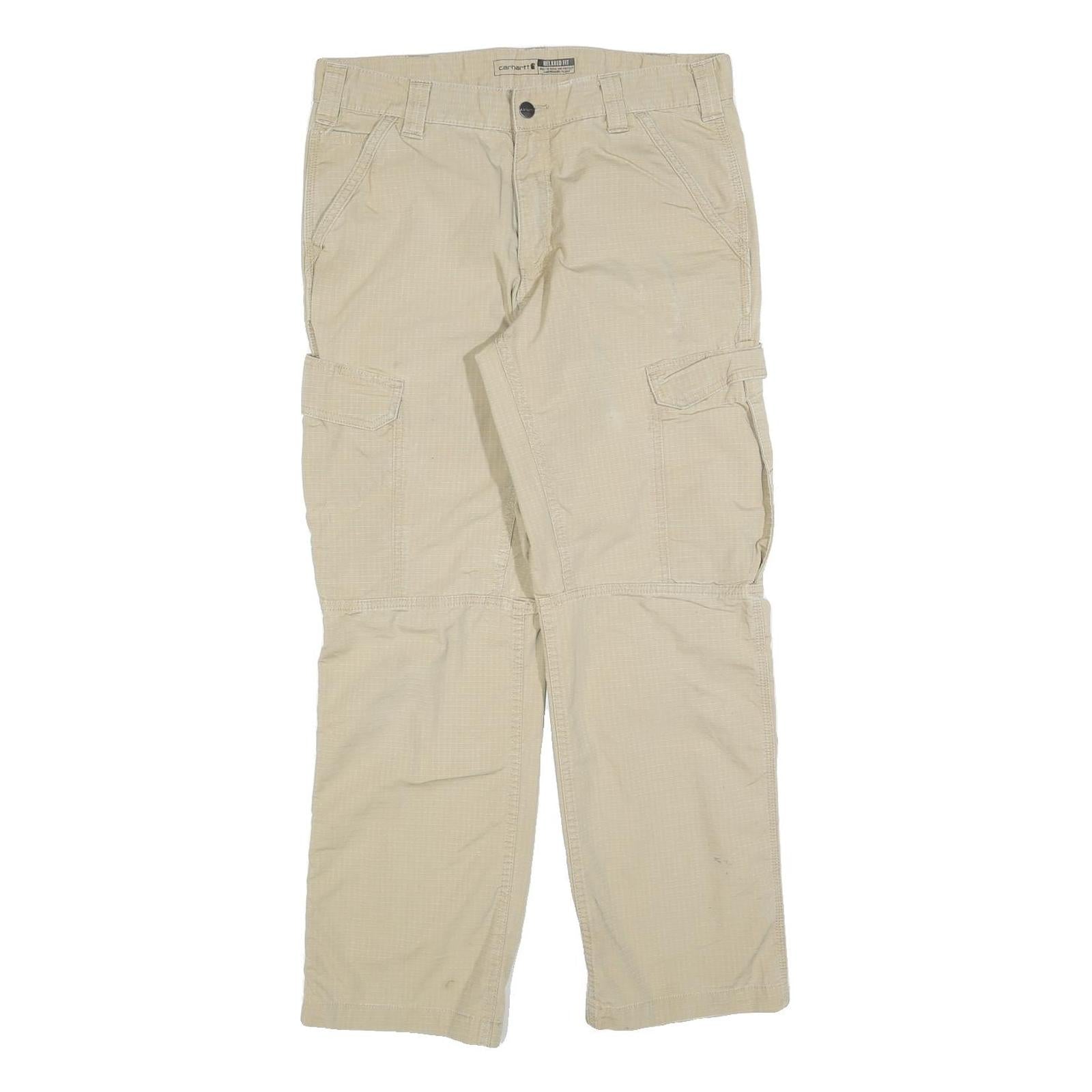 CARHARTT Mens Relaxed Beige Cargo Trousers W33 L30 Cotton Blend Zip Closure