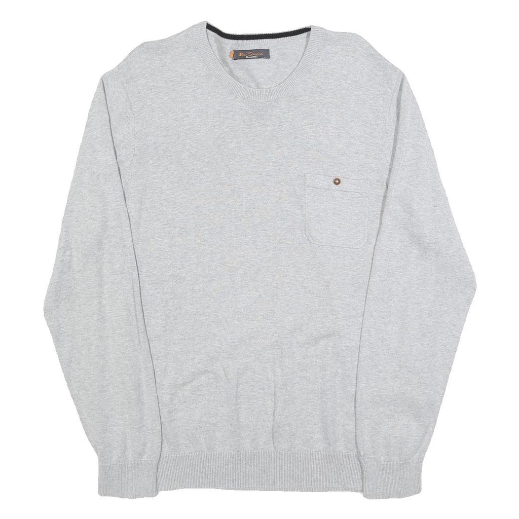 BEN SHERMAN Mens Grey Plain Cotton Jumper Crew Neck Basic Knit L Casual