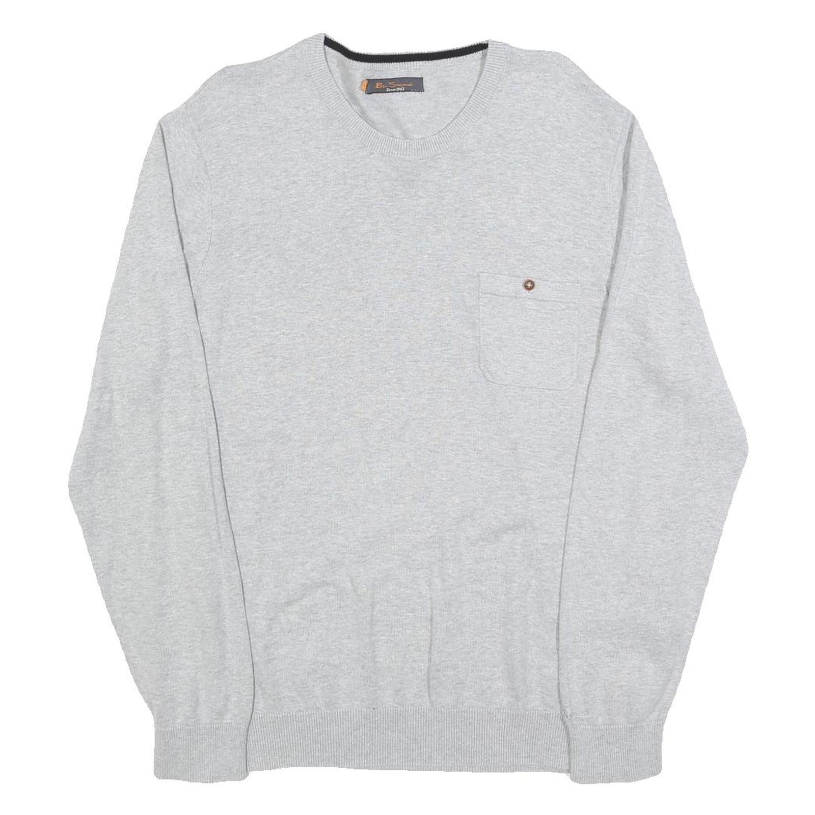 BEN SHERMAN Mens Grey Plain Cotton Jumper Crew Neck Basic Knit L Casual