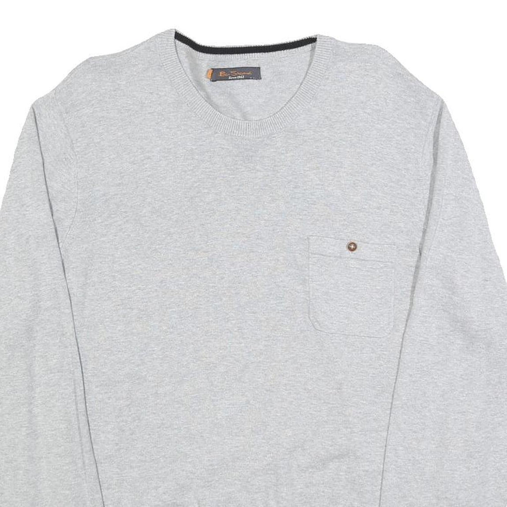 BEN SHERMAN Mens Grey Plain Cotton Jumper Crew Neck Basic Knit L Casual