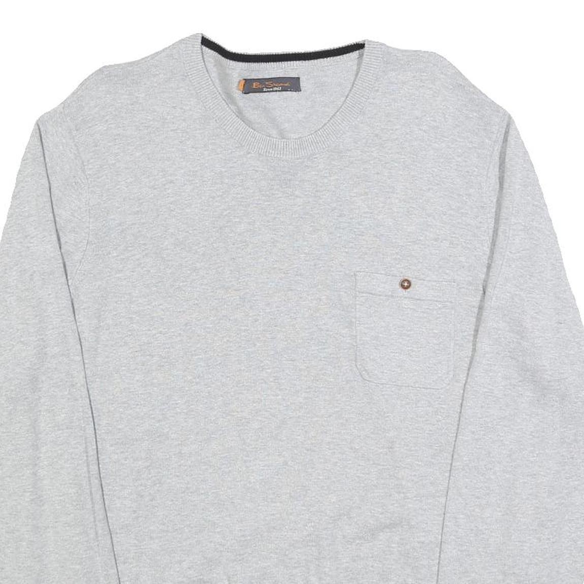 BEN SHERMAN Mens Grey Plain Cotton Jumper Crew Neck Basic Knit L Casual