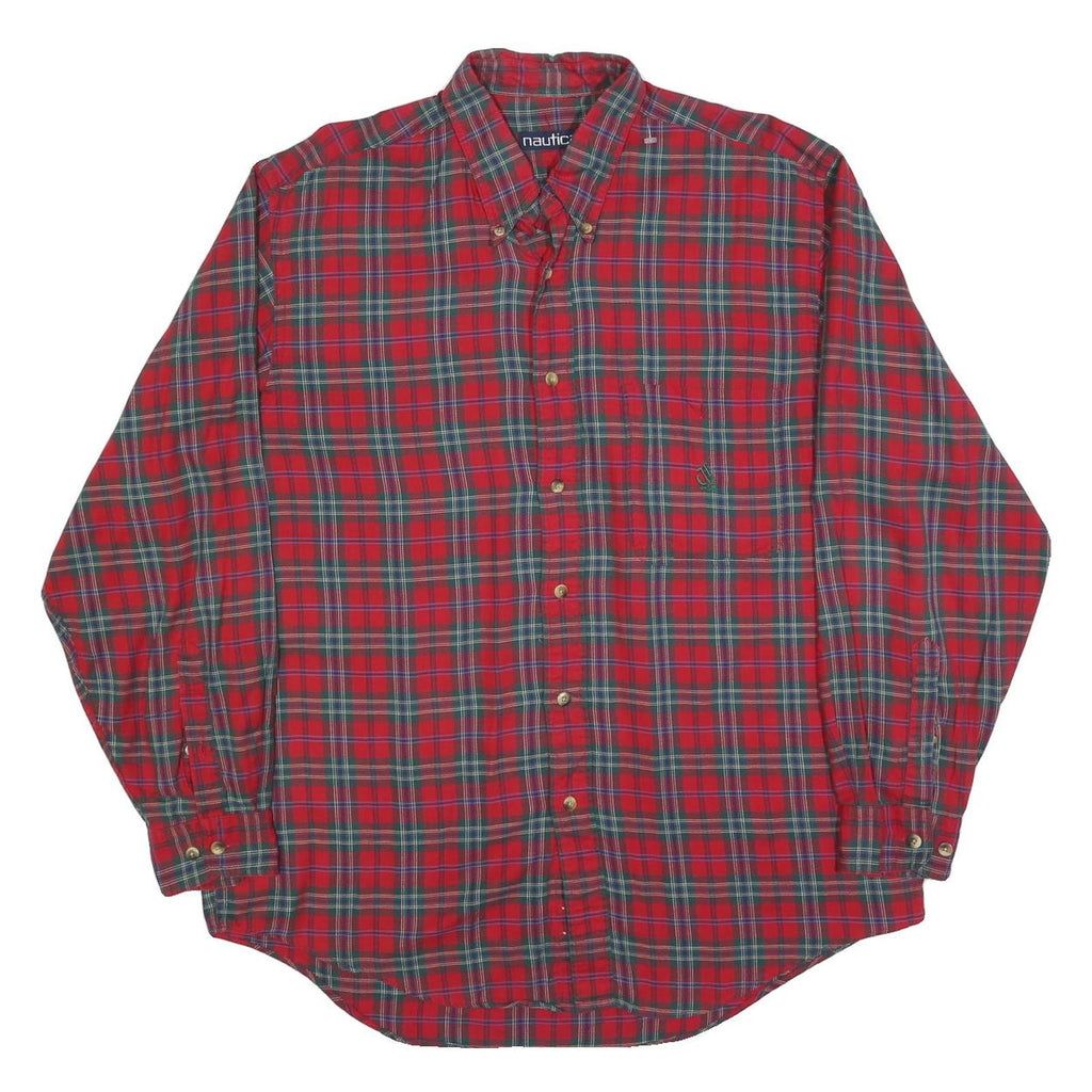 NAUTICA Mens Red & Green Check Shirt L Cotton Blend Long Sleeve Button Collar