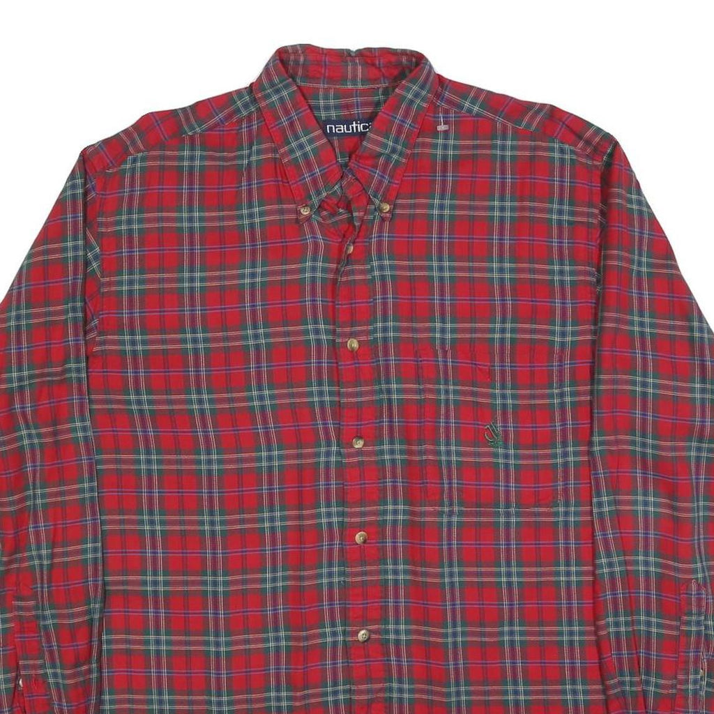 NAUTICA Mens Red & Green Check Shirt L Cotton Blend Long Sleeve Button Collar