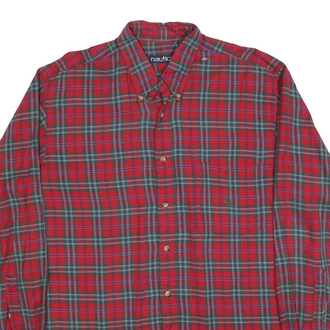 NAUTICA Mens Red & Green Check Shirt L Cotton Blend Long Sleeve Button Collar