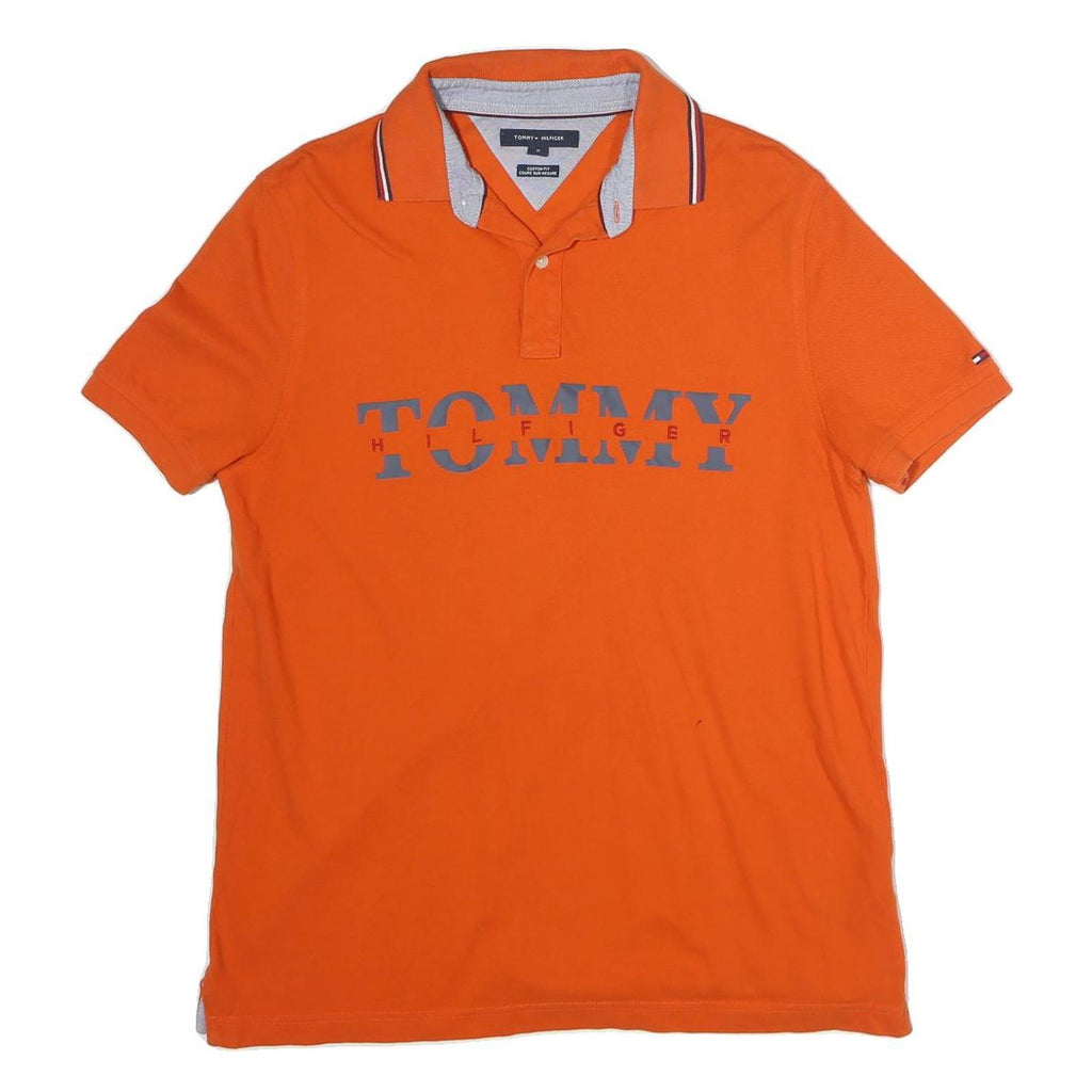 TOMMY HILFIGER Mens Orange Short Sleeve Plain Polo Shirt M Classic Cotton Fit