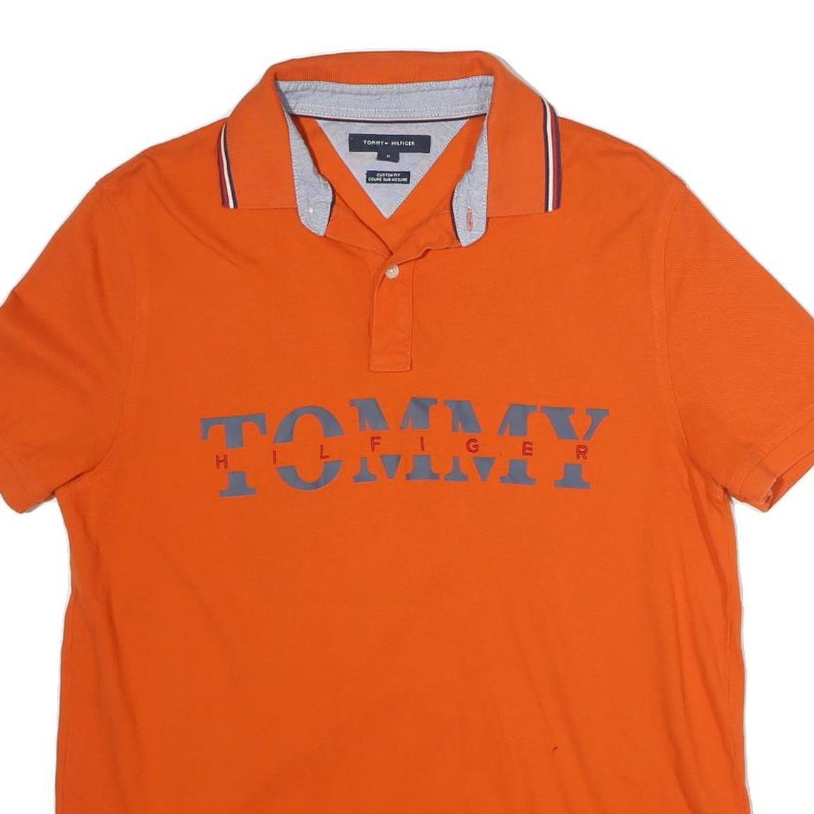 TOMMY HILFIGER Mens Orange Short Sleeve Plain Polo Shirt M Classic Cotton Fit