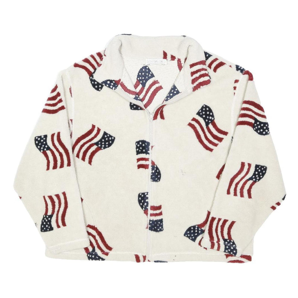 MANDAL BAY Womens White Red & Blue Flag Print Jacket XL Polyester Fleece Zip Up