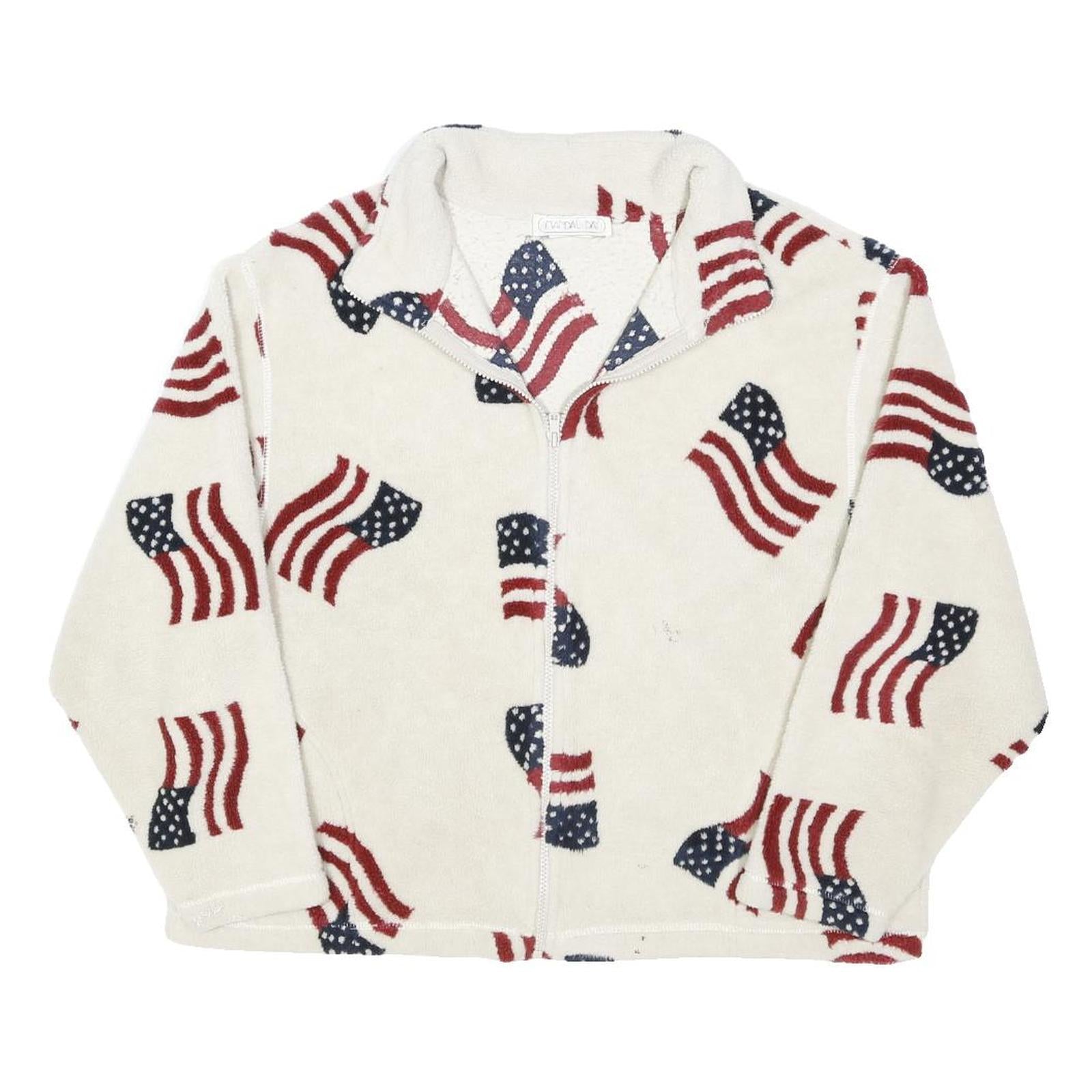 MANDAL BAY Womens White Red & Blue Flag Print Jacket XL Polyester Fleece Zip Up