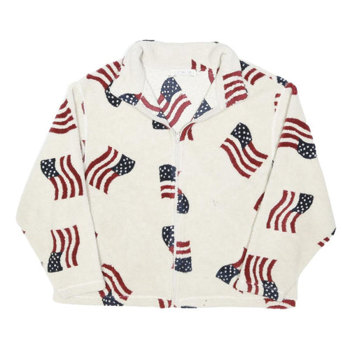MANDAL BAY Womens White Red & Blue Flag Print Jacket XL Polyester Fleece Zip Up
