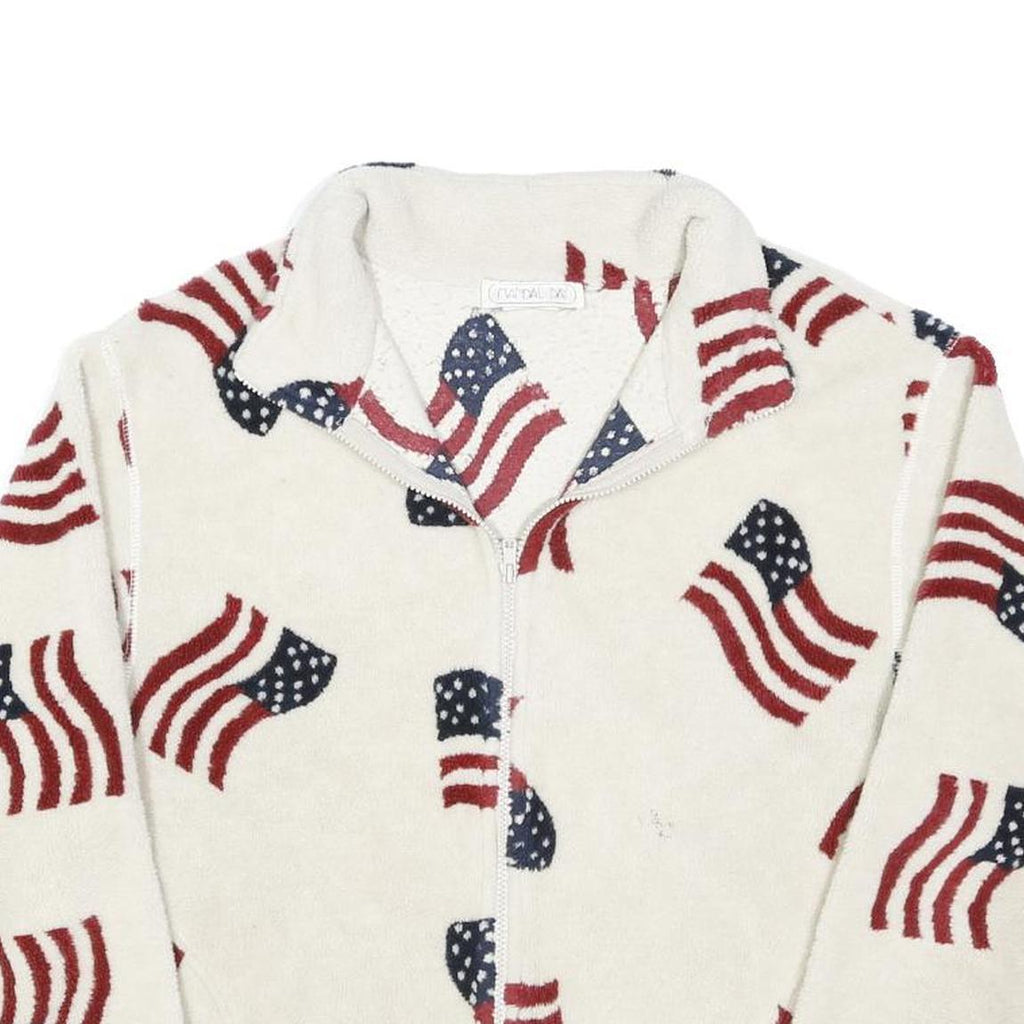 MANDAL BAY Womens White Red & Blue Flag Print Jacket XL Polyester Fleece Zip Up