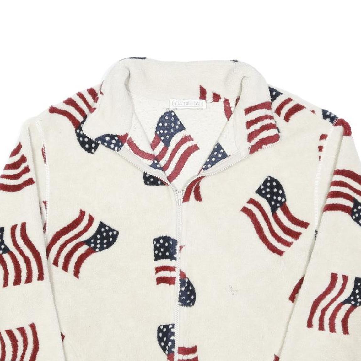 MANDAL BAY Womens White Red & Blue Flag Print Jacket XL Polyester Fleece Zip Up