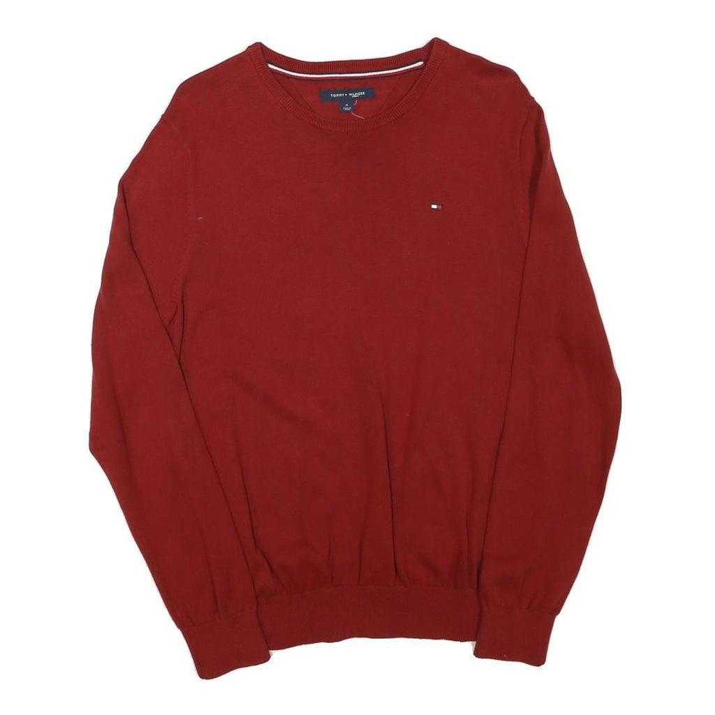 TOMMY HILFIGER Mens Red Plain Cotton Blend Jumper Crew Neck M Classic Knitwear
