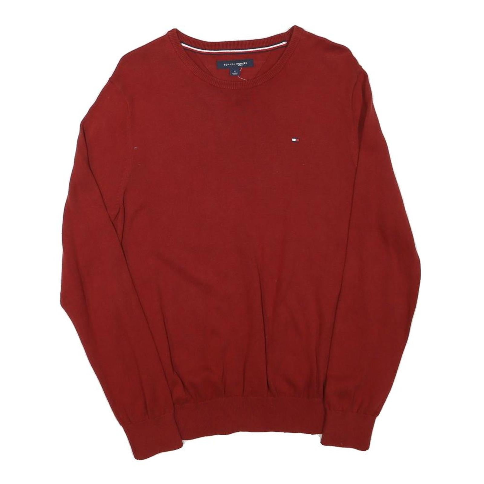 TOMMY HILFIGER Mens Red Plain Cotton Blend Jumper Crew Neck M Classic Knitwear