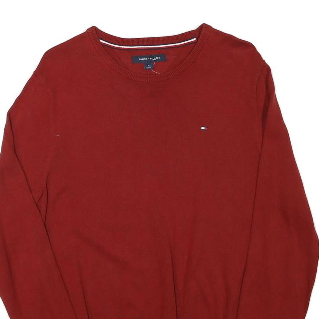 TOMMY HILFIGER Mens Red Plain Cotton Blend Jumper Crew Neck M Classic Knitwear
