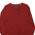 TOMMY HILFIGER Mens Red Plain Cotton Blend Jumper Crew Neck M Classic Knitwear